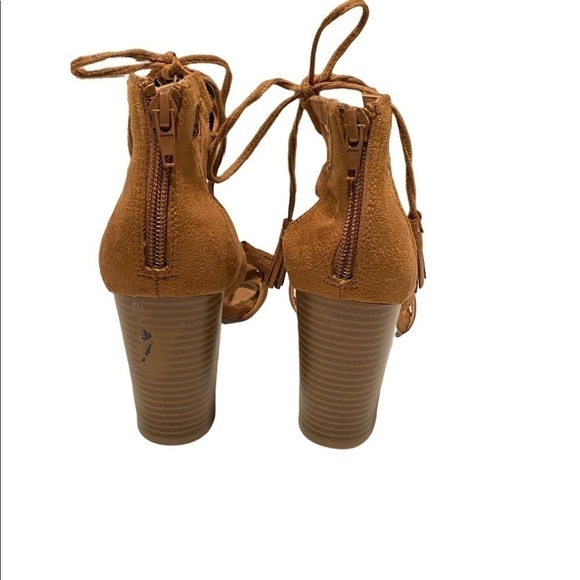 Brash Sexy Lace Up Cut Out Sandy Brown Suede Block Heel Sandal Back Zip Bootie 7 - Picture 4 of 13